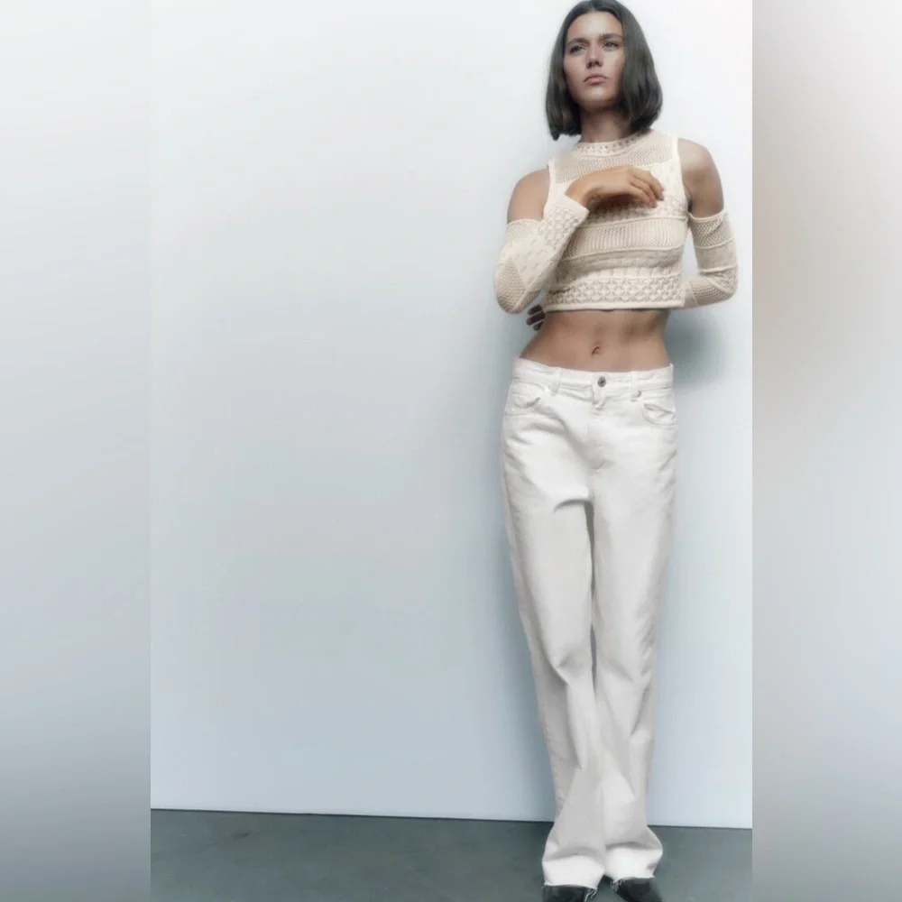 Zara Cream Pointelle Knit Crochet Cutout Long Sleeve Crop Top